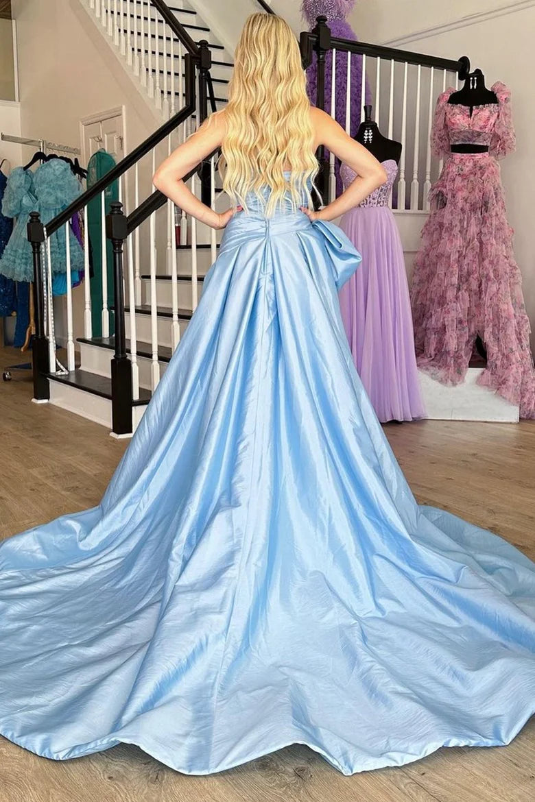 Vestido de fiesta con hombros descubiertos, corte A, sin tirantes, abertura con lazo y cola